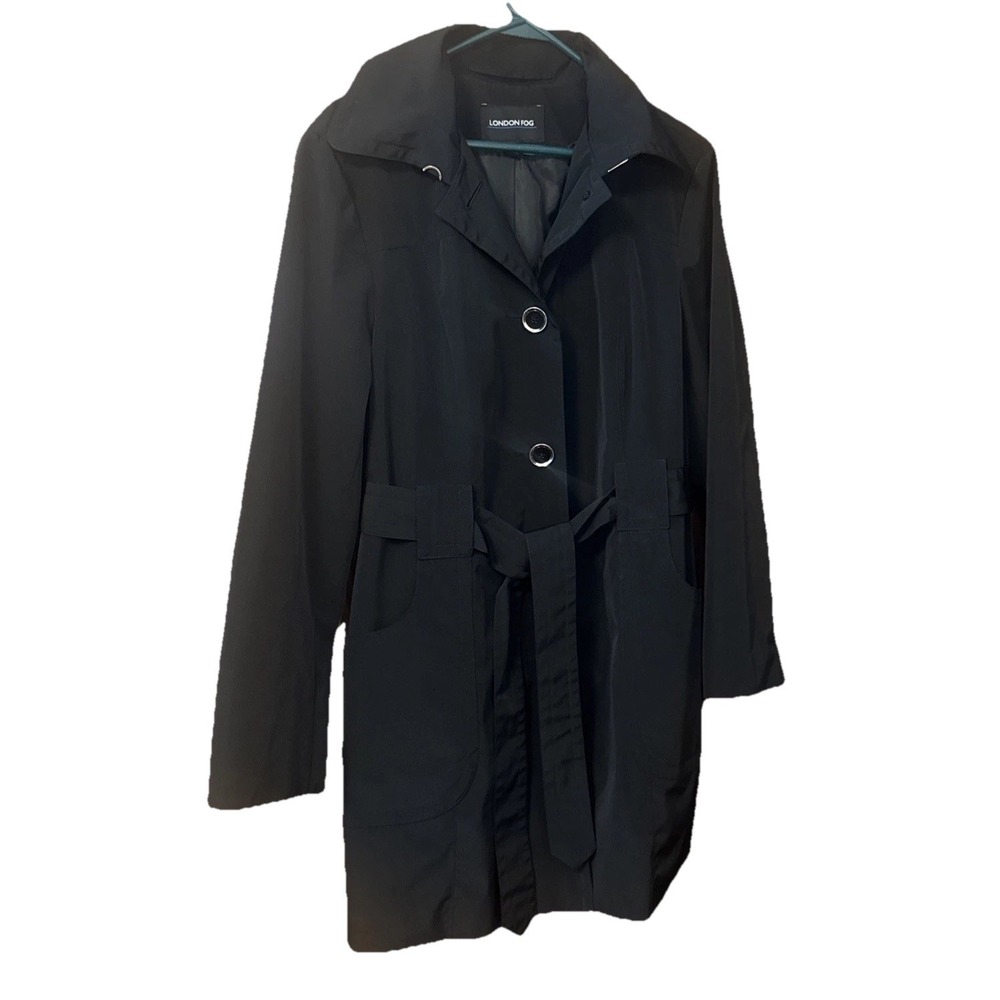 London Fog Women's‎ Black Trench Coat XL Belted Lightweight Classic Polyester